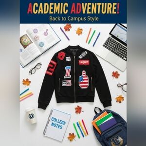 Bomber Jacket Patched Cropped Black Extra Large